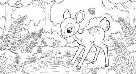 Obraz premium Adorable deer fawn approaches a pond in a serene forest glade with butterfly in summer, coloring page