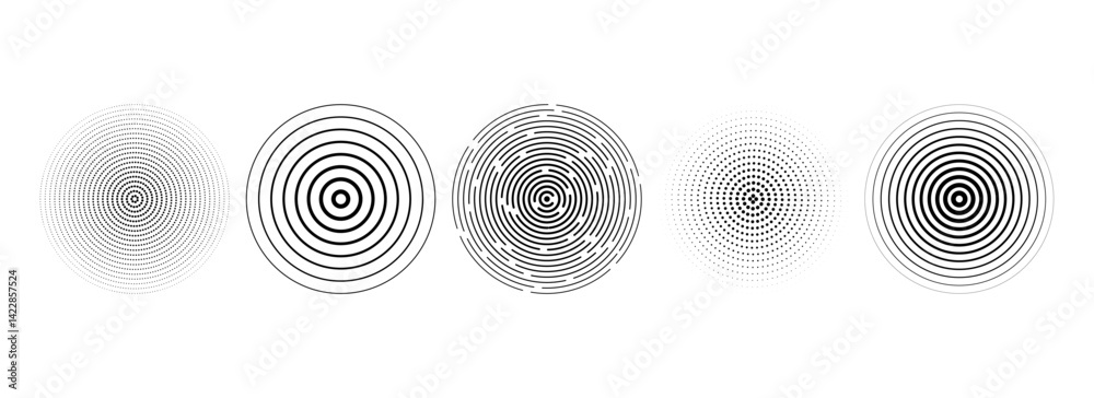 Poster Black concentric circle set. Dotted and dashed round sound wave collection. Epicenter, target, radar, sonar icon concept. Radial radio signal or vibration elements. Linear halftone symbols. Vector