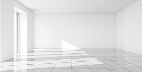Bright empty white room with tiled floor and large window, minimalist graphic style on clean background, concept of modern interior architecture. Ai generative