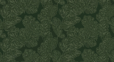 Dark green foliage pattern stylized oak leaves against a deep green backdrop