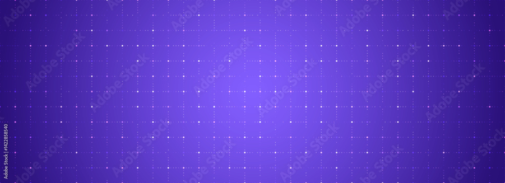 Poster Purple glowing dot grid background. Dotted tech square network backdrop. Abstract checkered dashboard pattern for science, technology, business, healthcare, medicine design template. Vector wallpaper