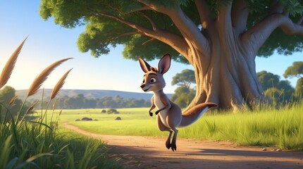 Animated kangaroo leaps down sunny dirt path big tree in background