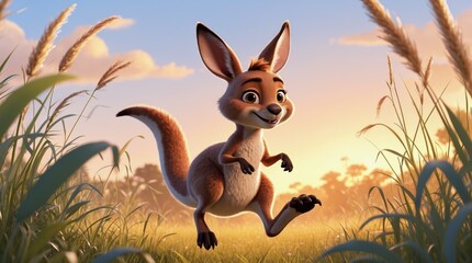 Animated kangaroo leaps through a grassy field at sunset
