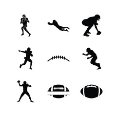 American Football Player Silhouettes In Action With Balls And Stitches Isolated On White