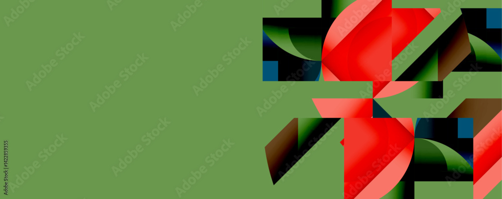 Poster Abstract geometric composition. Red shapes contrast against muted green background. Modern design, bold colors, fragmented forms create dynamic visual interest.