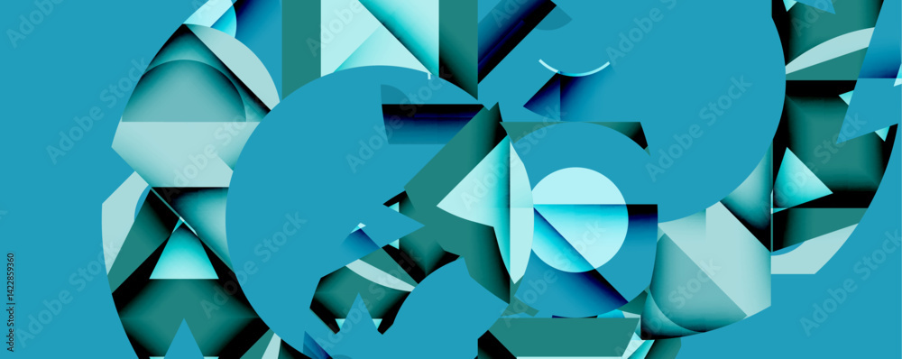 Poster Abstract geometric composition. Overlapping shapes create dynamic visual effect. Shades turquoise, teal dominate design. Modern, clean aesthetic.