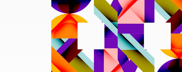 Abstract geometric composition. Vivid colors intersect, creating dynamic shapes. Overlapping forms suggest depth, texture, modern design aesthetic. Bright, bold, playful.