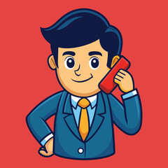 Cartoon businessman in suit answering mobile phone call with a smile