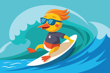 Cartoon duck surfing on a wave with sunglasses illustration vector graphic