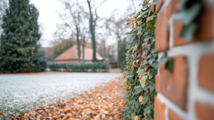 Autumnal park scene with brick wall and ivy