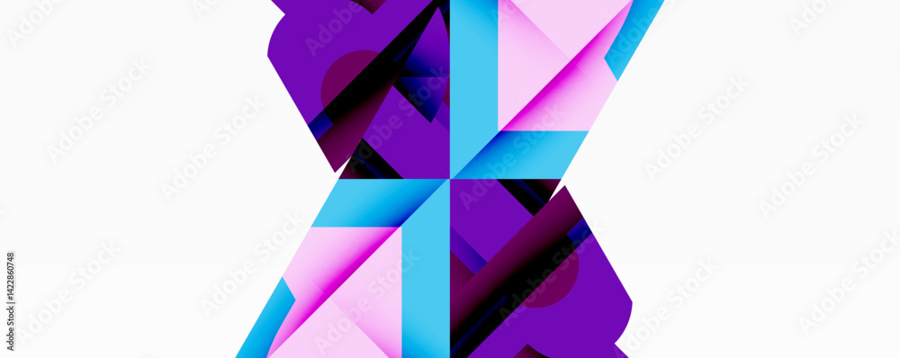 Poster Abstract geometric design featuring intersecting purple, blue, pink shapes. Minimalist composition with sharp angles, creating dynamic visual effect. Modern aesthetic.