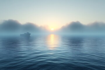 Fototapeta premium Sunrise over calm ocean with a ship in the mist.