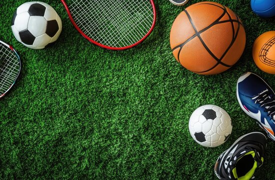 Sports equipment on green grass background. (3)