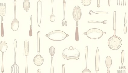 Seamless background of hand-drawn kitchen utensils, including spoons, forks, knives, pans, and rolling pins in a monochrome doodle style. Ideal for culinary blogs, recipe cards, or packaging.


