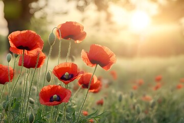 Obraz premium Stunning Red Poppies Field at Sunset Sunrise Landscape