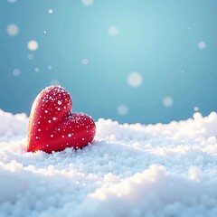 Fototapeta premium Vibrant red heart placed on snowy ground under clear blue sky with copy space, winter, symbol, seasonal
