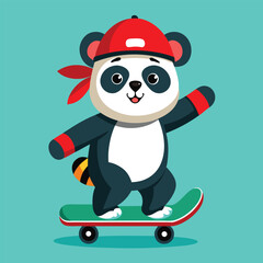 Naklejka premium Cheerful cartoon panda with red cap skateboarding on blue background for children