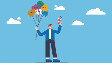 Communication or PR, Public Relations manager to communicate company information and media, announce sales or promotion concept, businessman holding speech bubble balloons while talking on megaphone