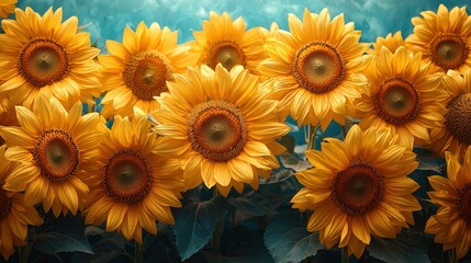 Obraz premium A beautiful anime - style scene featuring a bright blue sky filled with white clouds, a few blooming sunflowers in the foreground bathed in sunlight with petals falling from above.