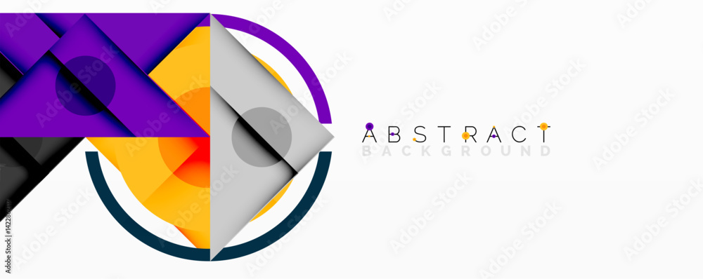 Poster modern abstract composition. overlapping geometric shapes create dynamic visual effect. purple, oran