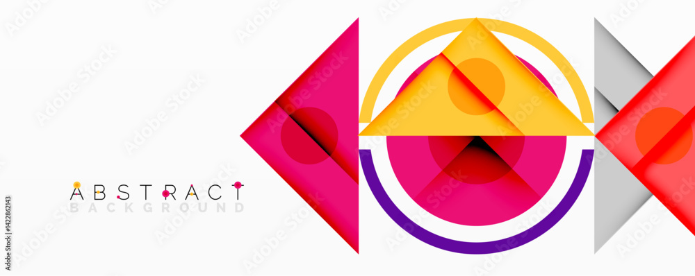 Poster colorful geometric shapes overlap creating modern abstract design. bright pink, yellow, purple hues 