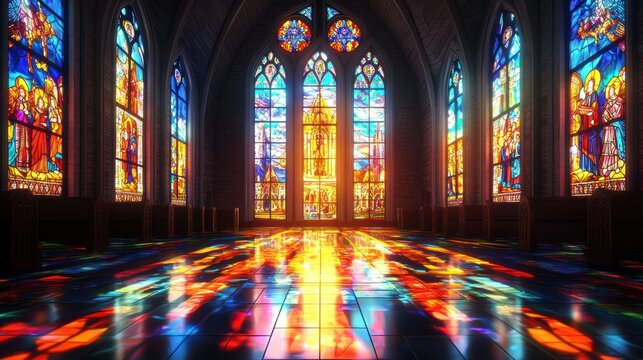 A glowing stained-glass window design featuring Christian icons in a vibrant church setting.