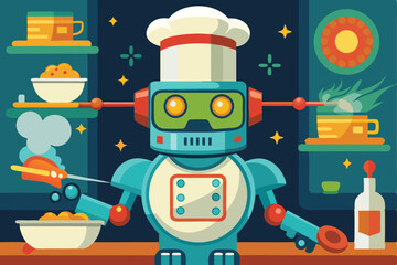 Fototapeta premium Retro style robot chef cooking in a futuristic kitchen vector illustration
