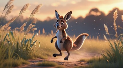 Cartoon kangaroo leaping on a path amidst tall grass during golden hour