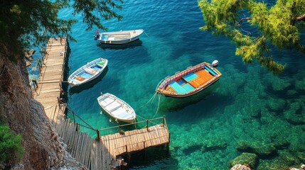Obraz premium Pristine Mediterranean harbor with moored boats and a wooden pier.
