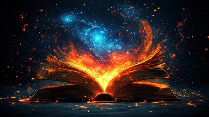 Burning Book of Celestial Secrets: A fiery tome, ablaze with cosmic energy, unveils ancient knowledge.