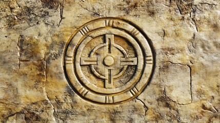 Naklejka premium Carved stone circle design in aged rock, possible historical art, background texture use