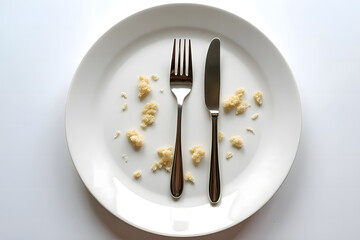 Spoon and fork are placed on an empty plate after eating. Represents eating that is not thrown away or leftover food scraps