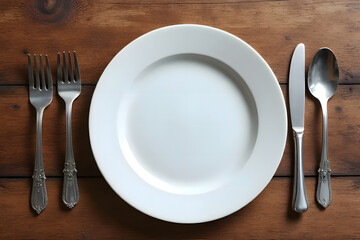 Spoon and fork are placed on an empty plate after eating. Represents eating that is not thrown away or leftover food scraps