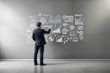 Businessman in suit drawing success and marketing strategy diagrams on gray background wall, concept of business planning and growth. Ai generative