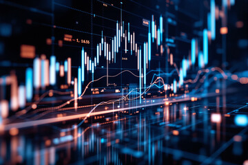 Fototapeta premium Abstract image of glowing financial chart with candlestick patterns and data lines, futuristic style on digital business background, concept of stock analysis. Ai generative