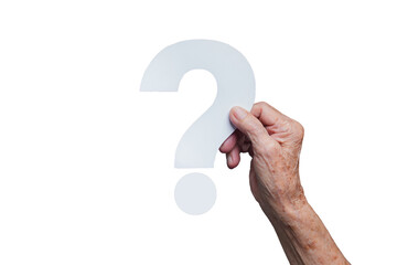 Elderly hand holding white question mark symbolizing curiosity, confusion, or senior...