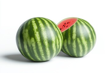 Fresh watermelon halves against white background.  A pair of whole and sliced watermelons, showcasing vibrant green stripes and a juicy red interior