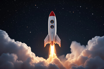 Fototapeta premium Cartoon rocket launching into space with fire and smoke, whimsical graphic style, starry sky background, concept of business success or innovation. Ai generative