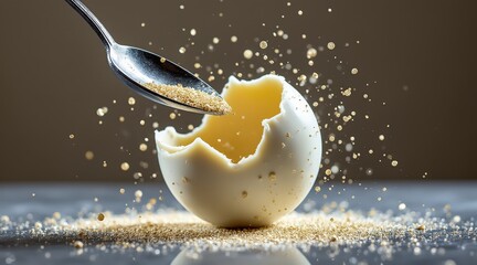 Close-up of a white chocolate sphere cracked open by a spoon.