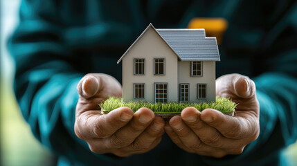 person holds small model house on patch of grass, symbolizing home ownership and real estate investment. image conveys sense of care and responsibility in property management