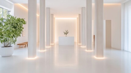 Minimalist, pristine lobby with elegant columns