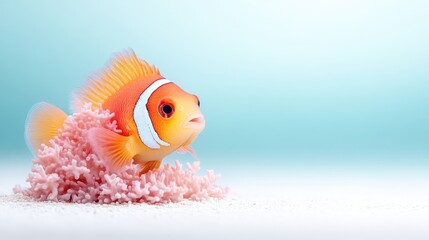 Ocellaris Clownfish Pink Coral Reef Studio Style High-resolution Lighting Portrait Close-up View Ocean Habitat Exploring Soft Pastel Tones Aquarium Advertisement