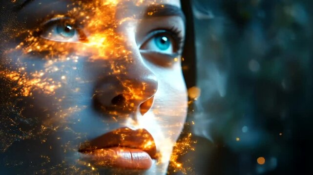 A woman's face, partially obscured by swirling, fiery embers and ethereal smoke, gazes pensively