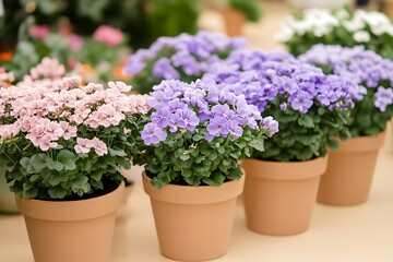 Colorful potted flowers in various shades of pink and purple.  Display of plants for sale at a greenhouse.  Great for spring, gardening, or flower shop advertisements