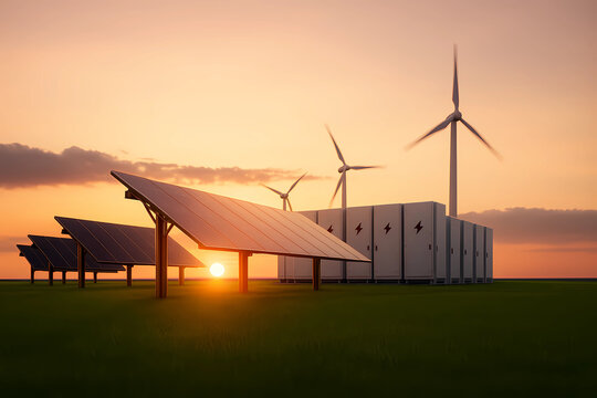 Dawn of new renewable energy technologies. Modern, aesthetic and efficient dark solar panel panels, a modular battery energy storage system and a wind turbine system in warm light. 3D rendering. - Powered by Adobe