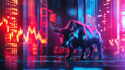 Bull market surge financial district 3d rendered art digital environment close-up view innovation impact. Softwave Surge. Illustration