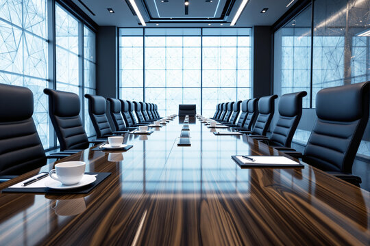 Empty business boardroom with sleek chairs and wooden conference table, minimalist style, with large windows and geometric background, Ai generative