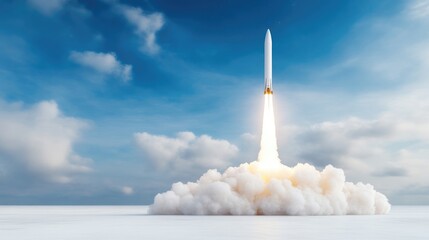 Rocket launch in the vast expanse of sky. Powerful thrust propels it into the clouds