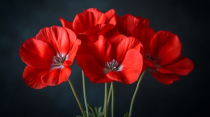 Obraz premium Close-up studio shot of vibrant red poppy flowers bouquet on dark background. Possible use Stock photo for floral design, greeting cards, or nature themes