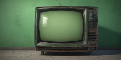 Dusty vintage CRT TV screen, static-filled  Greenish glow, faded image ,  broadcast,  interference